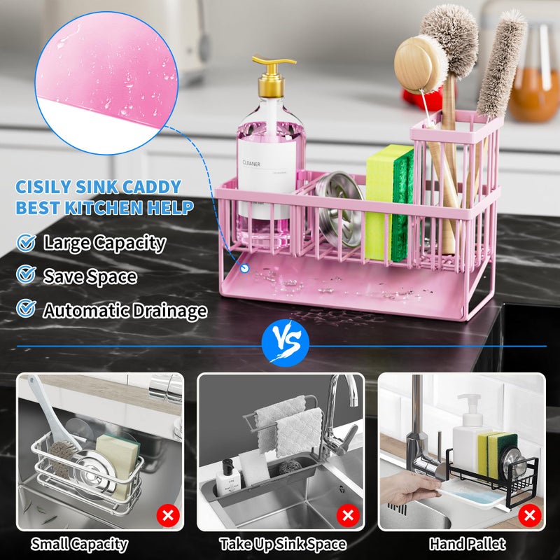 Cisily Pink Kitchen Sink Caddy Organzier with High Brush Holder, Sponge Holder for Sink, 304 Rustproof Stainless, Kitchen Countertop Soap Dispenser Organizer - Image 2